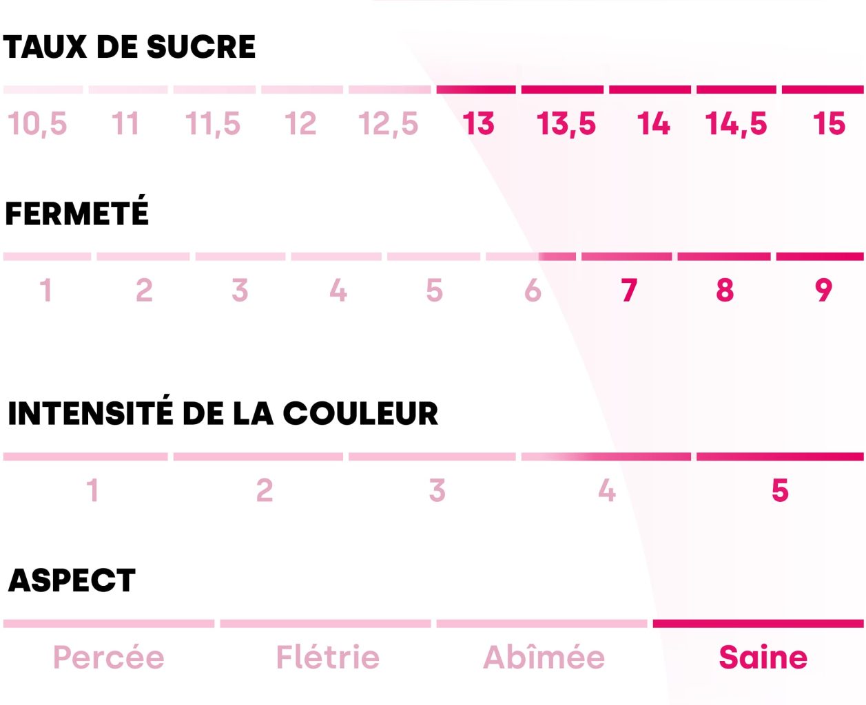 Tableau décrivant les différentes valeurs de la pomme Pink Lady®. Taux de sucre : 13/15, fermeté : 6,5/9, intensité de la couleur : 4,5/5 et aspect : saine.