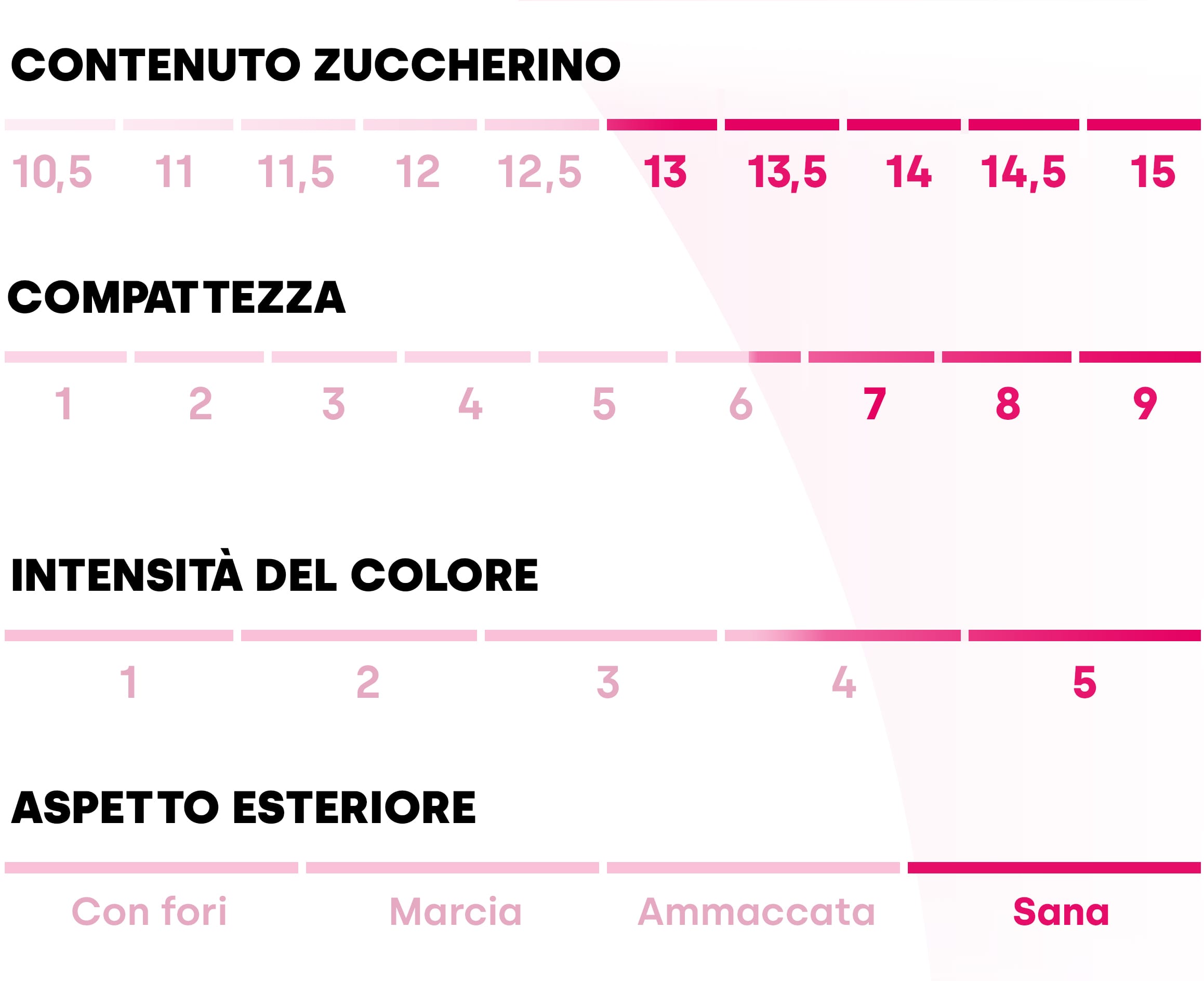 Tabella che descrive i diversi valori della mela Pink Lady®. Livello di zucchero: 13/15, consistenza: 6,5/9, intensità del colore: 4,5/5 e aspetto: sano.